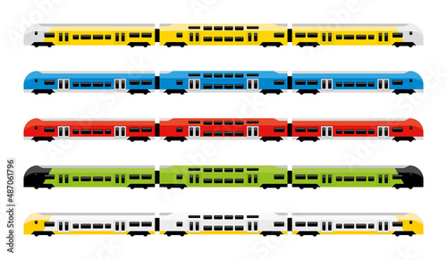 Double-Decker commuter train. A set of colorful wagons. It can be used in infographic and design. All elements are distributed in layers. Their colors can be changed