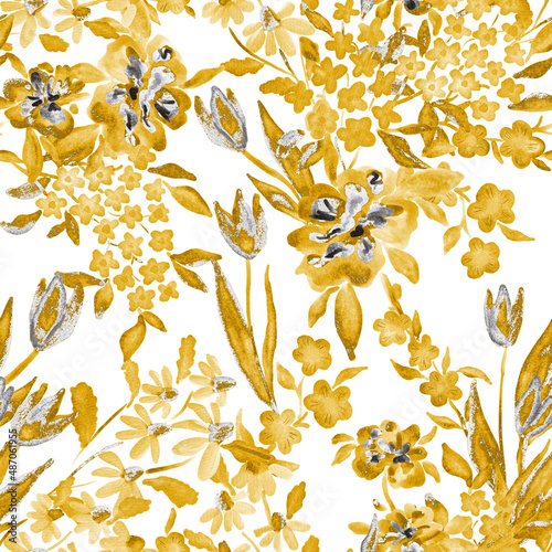 Watercolor seamless pattern with spring floral bouquets. Vintage botanical il...