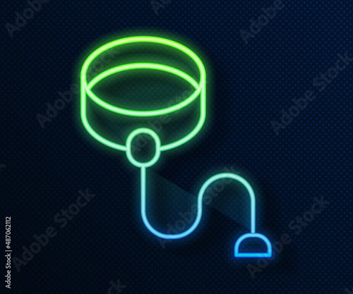 Glowing neon line Retractable cord leash with carabiner icon isolated on blue background. Pet dog lead. Animal accessory for outdoors walk. Vector