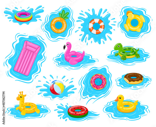 Swim rings, cartoon pool rubber toys with water splashes. Swimming water toys, inflatable rubber pool equipment vector illustration set. Summer time water lifebuoys