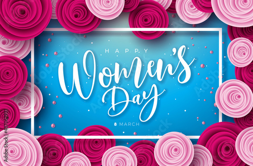 Happy Women's Day Floral Illustration. 8 March International Womens Day Vector Design with Rose Flower, Pearl and Typography Letter on Blue Background. Woman or Mother Day Theme Template for Flyer