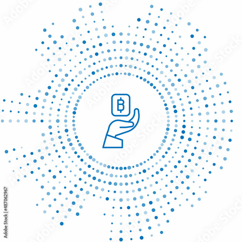 Blue line Hand holding Bitcoin icon isolated on white background. Blockchain technology, digital money market, cryptocoin wallet. Abstract circle random dots. Vector