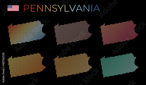 Pennsylvania dotted map set. Map of Pennsylvania in a dotted style. Borders of the US state filled with beautiful smooth gradient circles. Authentic vector illustration.