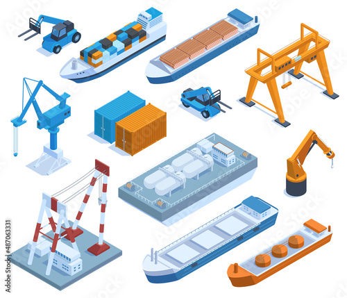 Leinwand Poster Isometric seaport elements, cargo ships, barges and containers