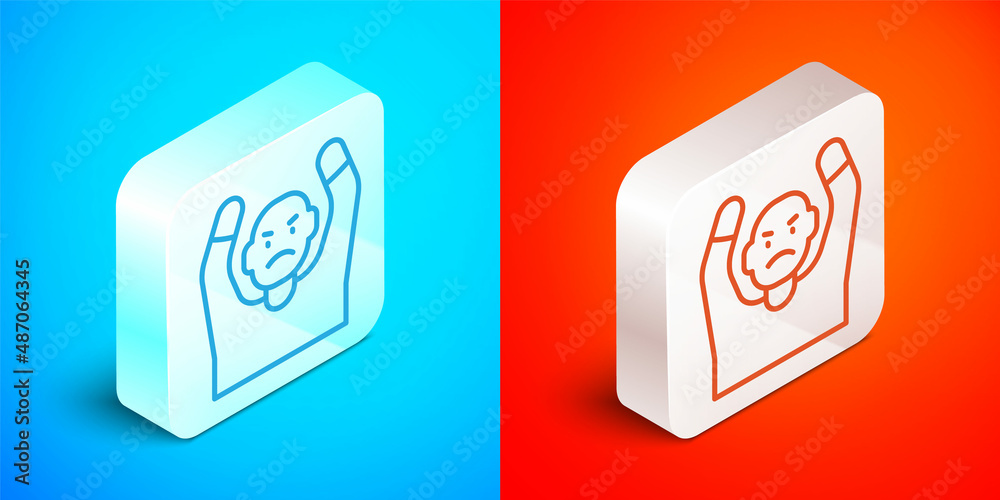 Isometric line Thief surrendering hands up icon isolated on blue and red background. Man surrendering with both hands raised in air. Silver square button. Vector Isometric line Thief surrendering hands up icon isolated on blue and red background. Man surrendering with both hands raised in air. Silver square button. Vector