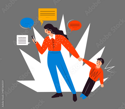 Problems in the relationship between mother and child. Vector illustration