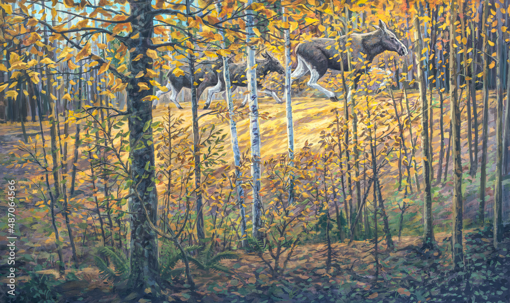 custom made wallpaper toronto digitalWhere a group of moose runs away from the danger in the autumn forest, a moose takes her young moose calves. Raster illustration.