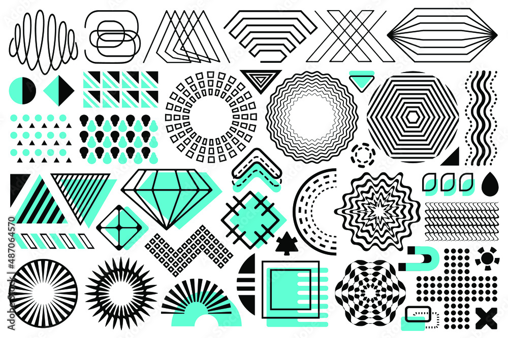 Big vector Memphis set, black and mint abstract modern design elements. Universal trend halftone geometric shapes collection, design elements with bright bold mint elements. Big vector Memphis set, black and mint abstract modern design elements. Universal trend halftone geometric shapes collection, design elements with bright bold mint elements.