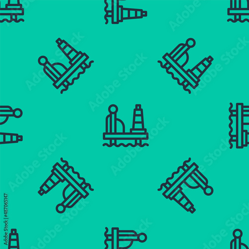 Blue line Oil platform in the sea icon isolated seamless pattern on green background. Drilling rig at sea. Oil platform  gas fuel  industry offshore. Vector