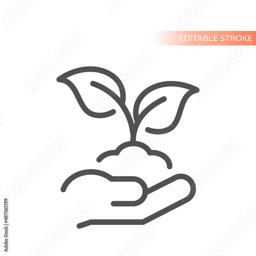New plant sprout with hand line vector icon. Business growing or agriculture outlined symbol.