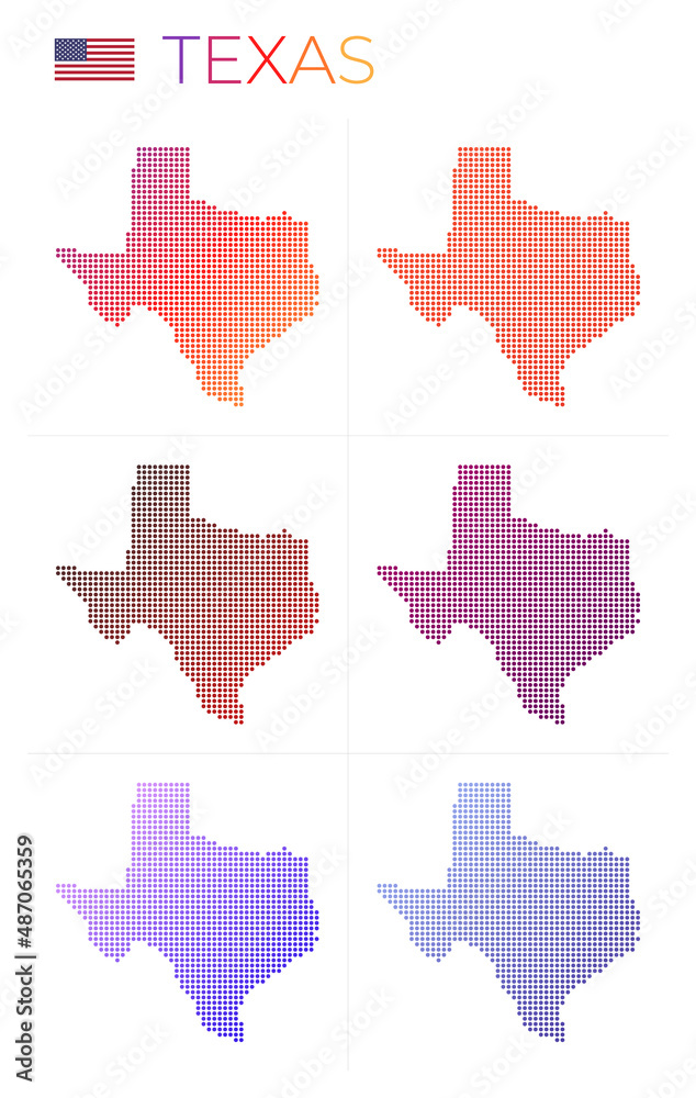 Fototapeta premium Texas dotted map set. Map of Texas in dotted style. Borders of the US state filled with beautiful smooth gradient circles. Modern vector illustration.