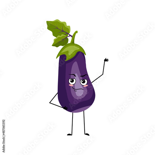 Eggplant character with emotions of hero, brave face, arms and leg. Person with courage expression, vegetable emoticon. Vector flat illustration