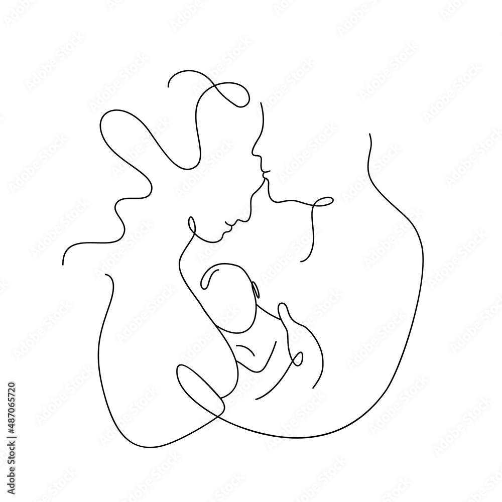 One continuous monoline single drawing line art flat doodle family, mom ...