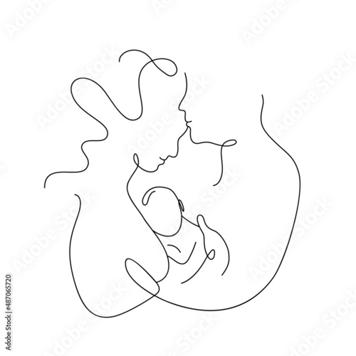 One continuous monoline single drawing line art flat doodle family, mom love dad and baby, mother father. Isolated image hand drawn contour on white background. The concept of happiness