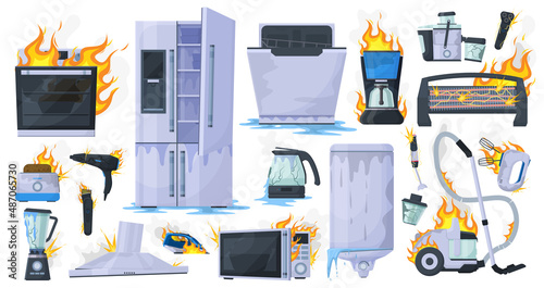 Broken, damaged household appliance, burnt refrigerator, toaster and washing machine. Damaged household electronic gadgets vector illustration set. Broken home appliances