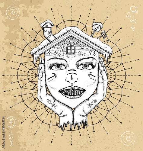 Fantasy Witch face or portrait line art illustration with mystic, esoteric and occut symbols against texture background, Scandinavian style, Halloween concept