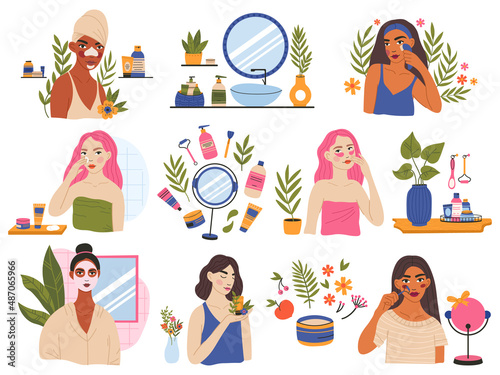 Female beauty skincare routine, young women use cleanser and skin moisturiser. Woman skin care procedures, organic cosmetic products vector illustration set. Beauty routine