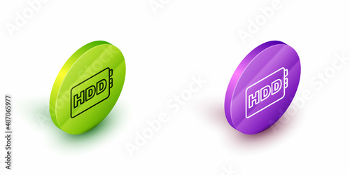 Isometric line Hard disk drive HDD icon isolated on white background. Green and purple circle buttons. Vector