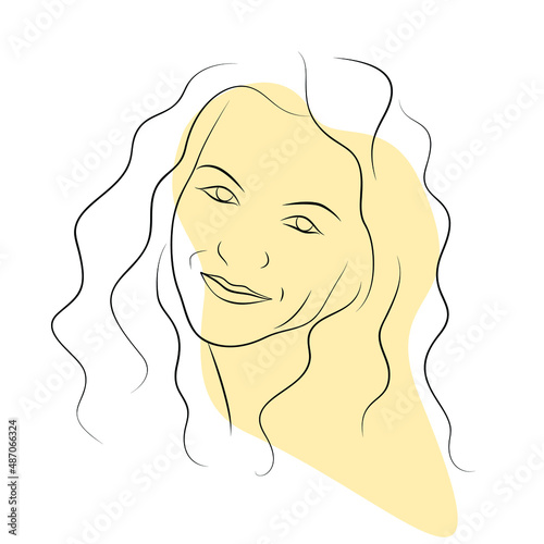 smiling women face outline portrait with long curly hair. design for hairstyle salon, cosmetic production, healthcare advertising, flyers and other polygraph 