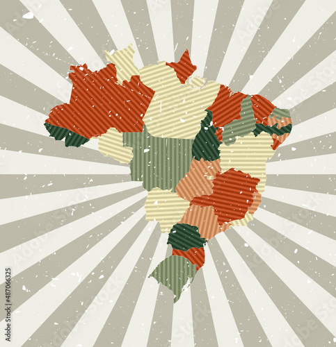 Brazil vintage map. Grunge poster with a map of the country in a retro color palette. The shape of Brazil is highlighted with a sunburst rays background. Vector illustration.