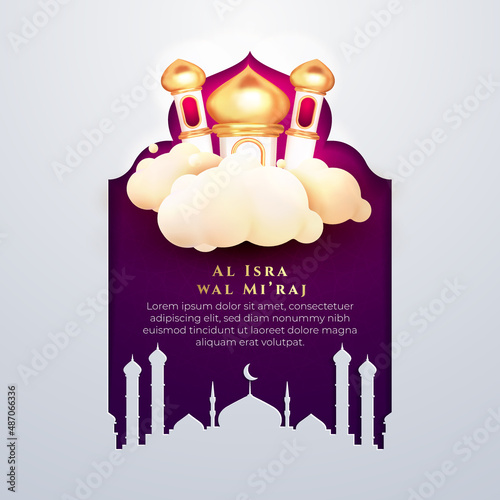 islamic background. al isra wal mi'raj flyer template. greeting card social media template with purple islamic background paper cut style 3d flying mosque
