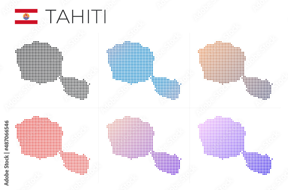 Tahiti dotted map set. Map of Tahiti in a dotted style. Borders of the island filled with beautiful smooth gradient circles. Creative vector illustration. Tahiti dotted map set. Map of Tahiti in a dotted style. Borders of the island filled with beautiful smooth gradient circles. Creative vector illustration.