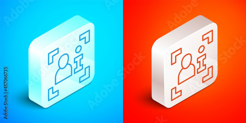 Isometric line Television report icon isolated on blue and red background. TV news. Silver square button. Vector