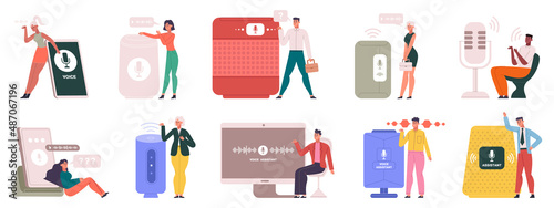 People use audio smart speaker or virtual voice assistant. Cartoon user with voice assistants devices, vector illustration set. Digital voice assistants
