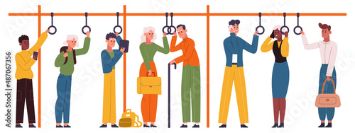 Public city transport passengers holding handles in train or bus. Urban transport travellers standing in subway train vector illustration. City transportation passengers