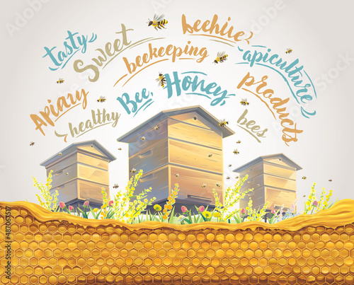 Bee hives with honeycomb in the foreground and  with flying bees, as well as thematic inscriptions as a design element.