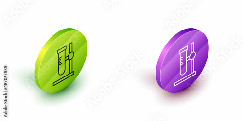 Isometric line Glass test tube flask on stand icon isolated on white background. Laboratory equipment. Green and purple circle buttons. Vector