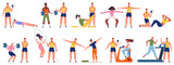 Personal fitness trainer, gym workout coach scenes. Sport exercising, personal coach training people vector illustration set. Fitness instructor scenes