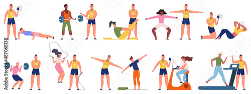 Personal fitness trainer, gym workout coach scenes. Sport exercising, personal coach training people vector illustration set. Fitness instructor scenes