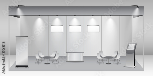 set of realistic trade exhibition stand or white blank exhibition kiosk or stand booth corporate commercial. eps vector