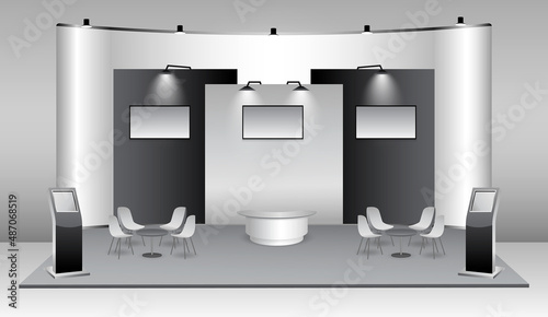 set of realistic trade exhibition stand or white blank exhibition kiosk or stand booth corporate commercial. eps vector