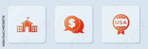 Set Coin money with dollar, United States Capitol Congress and Medal star. White square button. Vector