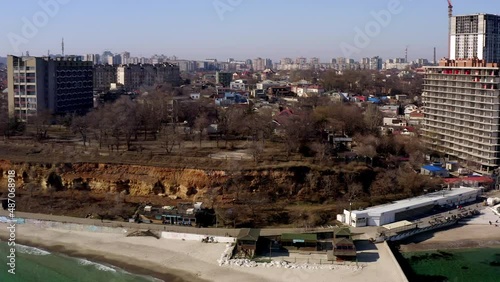 Drone panorama the Golden shore on the Black sea shore in Odessa Ukraine at winter time.
