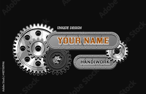 Vector rectangular label with black, silver steel gear, metal rail, rivets, space for text. Emblem for handmade goods. Steampunk style. Good for craft design.