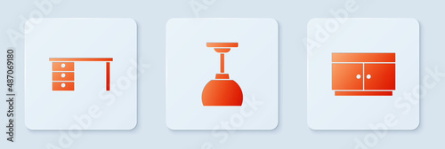 Set Lamp hanging, Office desk and Chest of drawers. White square button. Vector