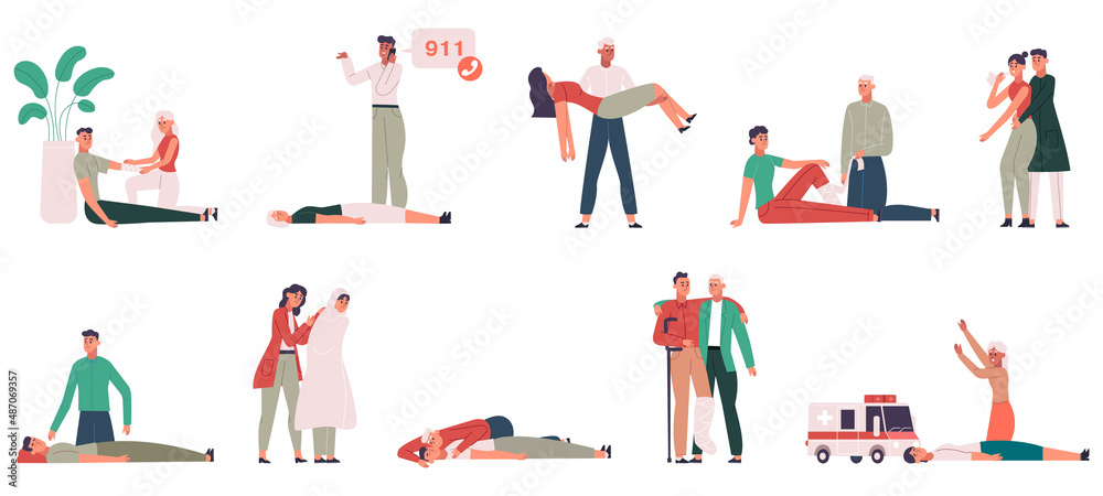 Medical first aid, emergency procedures, life save scenes. First aid health-threatening emergencies vector illustration set. Cardiac massage and cpr - obrazy, fototapety, plakaty 