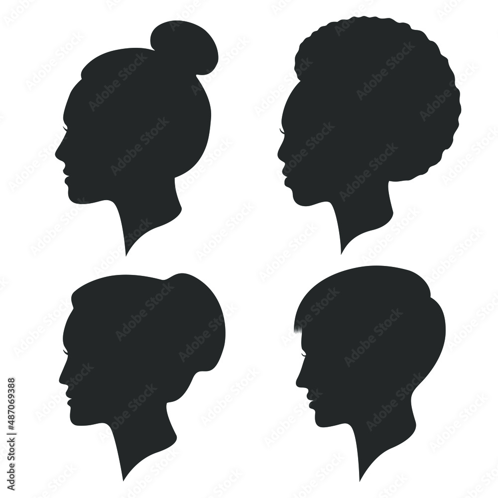 Women heads graphic signs set. Female silhouettes isolated on white background. Collection different symbols girls. Vector illustration