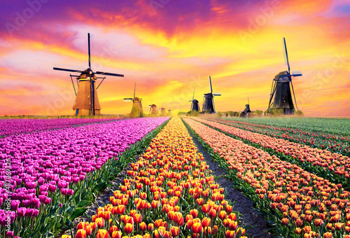 Magical fairy fascinating landscape with windmills middle tulip field in Kinderdijk, Netherlands at dawn. (Meditation, anti-stress, harmony - concept)