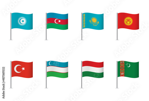 Organization of Turkic States flags isolated on white background (Azerbaijan, Kazakhstan, Kyrgyzstan, Turkey, Uzbekistan). Observer states (Hungary, Turkmenistan). Vector icon set. Vector illustration