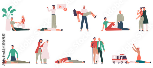 Medical first aid, emergency procedures, life save scenes. First aid health-threatening emergencies vector illustration set. Cardiac massage and cpr