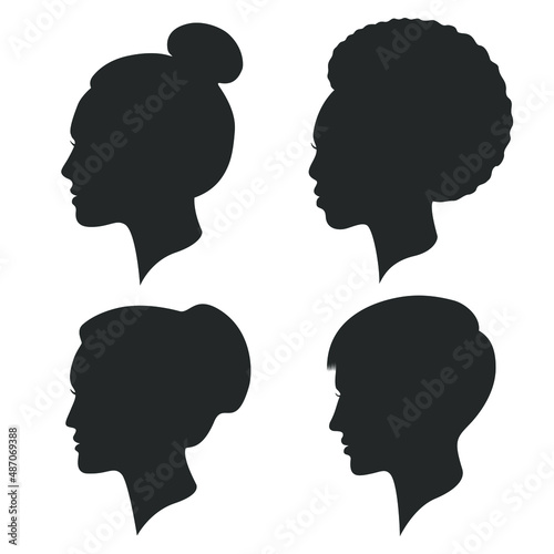 Women heads graphic signs set. Female silhouettes isolated on white background. Collection different symbols girls. Vector illustration