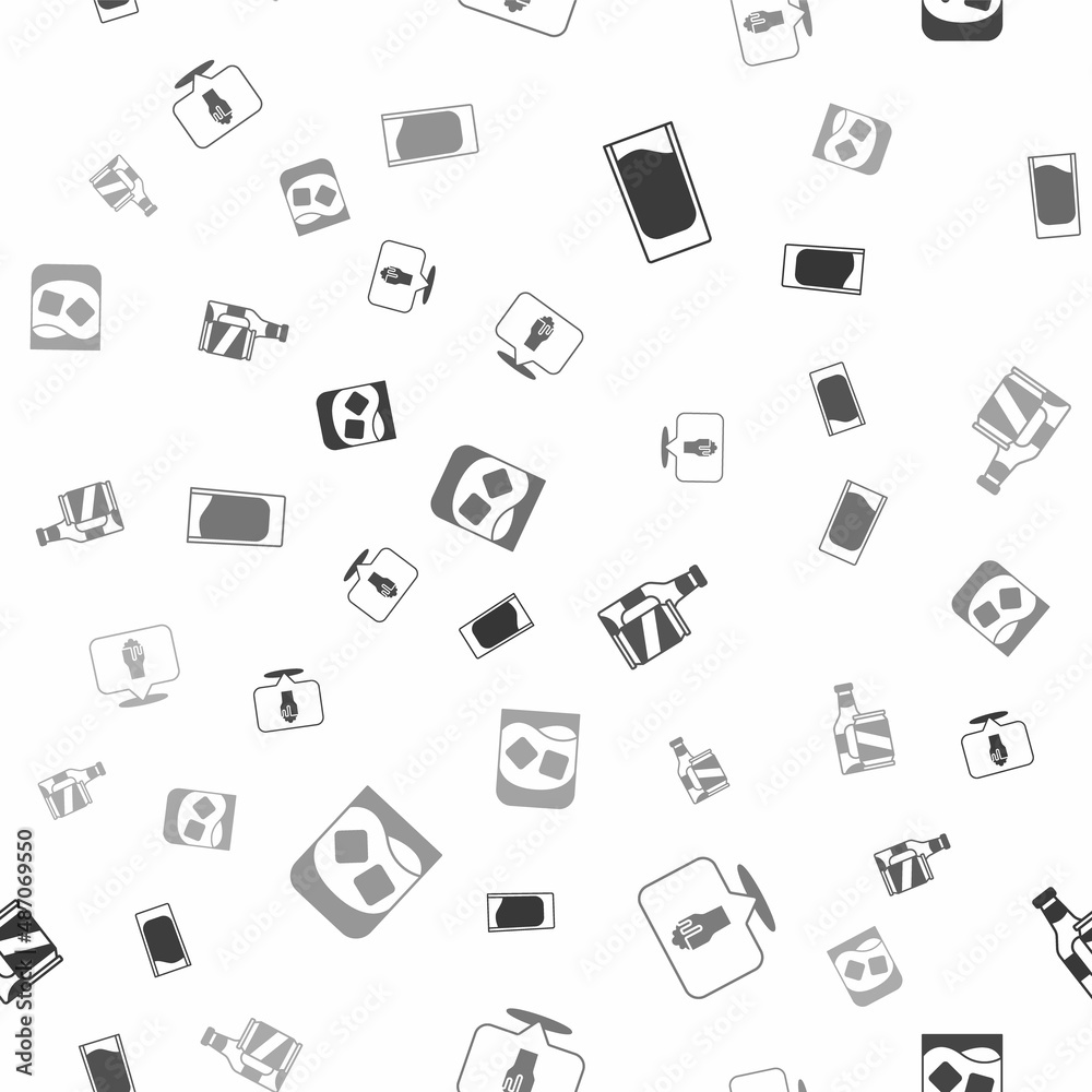 Set Shot glass, Alcohol or beer bar location, Beer bottle and can and Glass of whiskey on seamless pattern. Vector Set Shot glass, Alcohol or beer bar location, Beer bottle and can and Glass of whiskey on seamless pattern. Vector