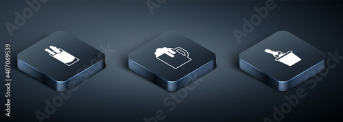 Set Isometric Cocktail Bloody Mary, Champagne in an ice bucket and Wooden beer mug icon. Vector