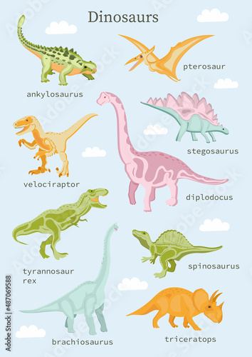 Fototapeta Naklejka Na Ścianę i Meble -  Girly Dino collection with alphabet and numbers. Funny comic font in simple hand drawn cartoon style. A variety of childish girls dinosaurs characters. Colorful isolated doodle in pink palette.