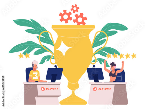 E-sport gamers team, cyber sport championship concept. Cyber athletes compete with each other vector illustration. Multiplayer online e-sport tournament