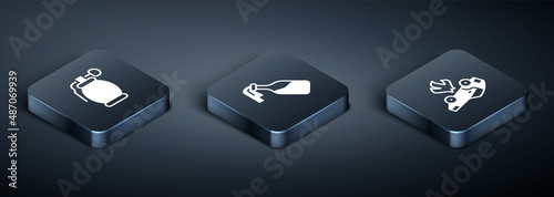 Set Isometric Hand grenade, Burning car and Cocktail molotov icon. Vector